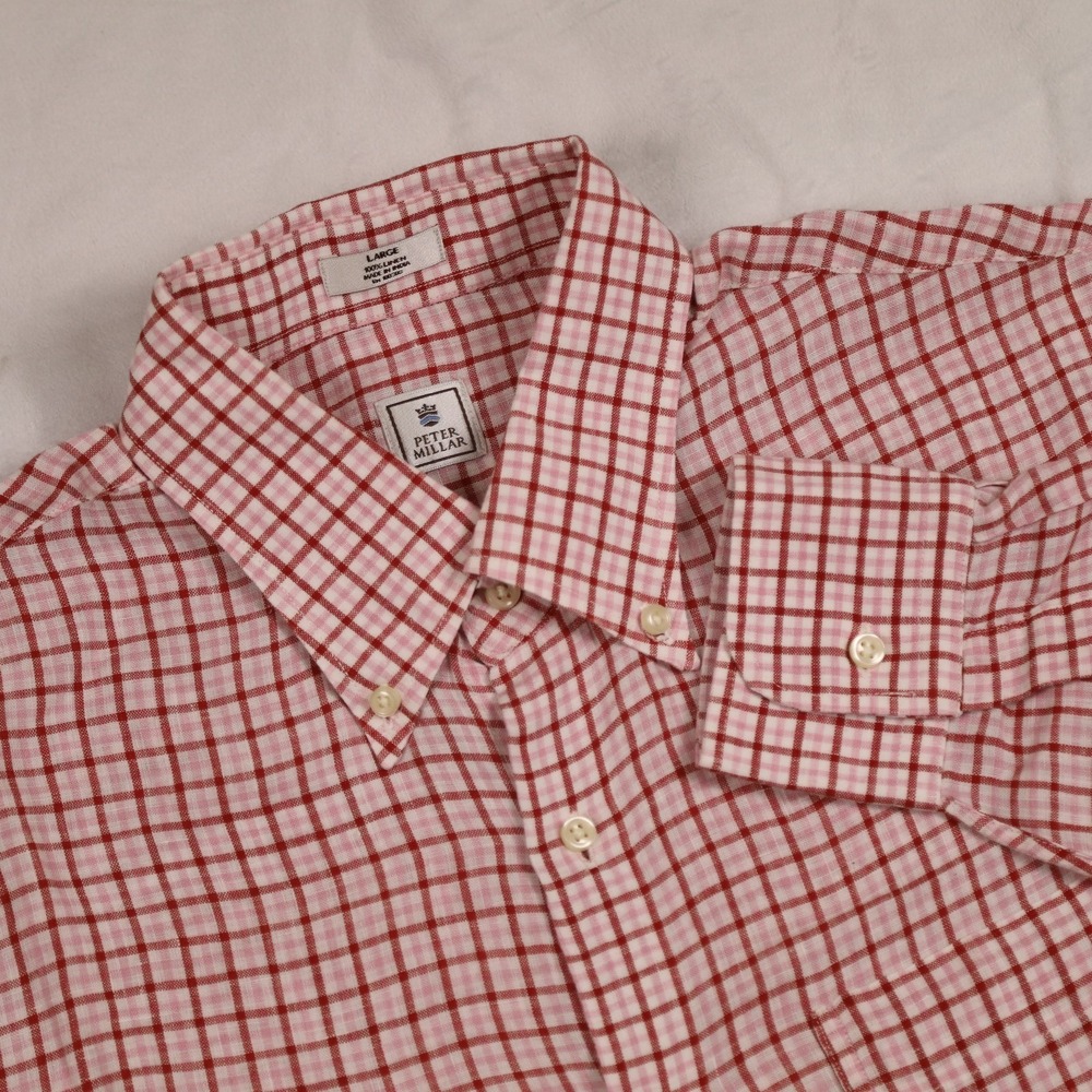 PETER MILLAR Men's Large 100% Linen Red Pink Checkered‎ Button Down Shirt